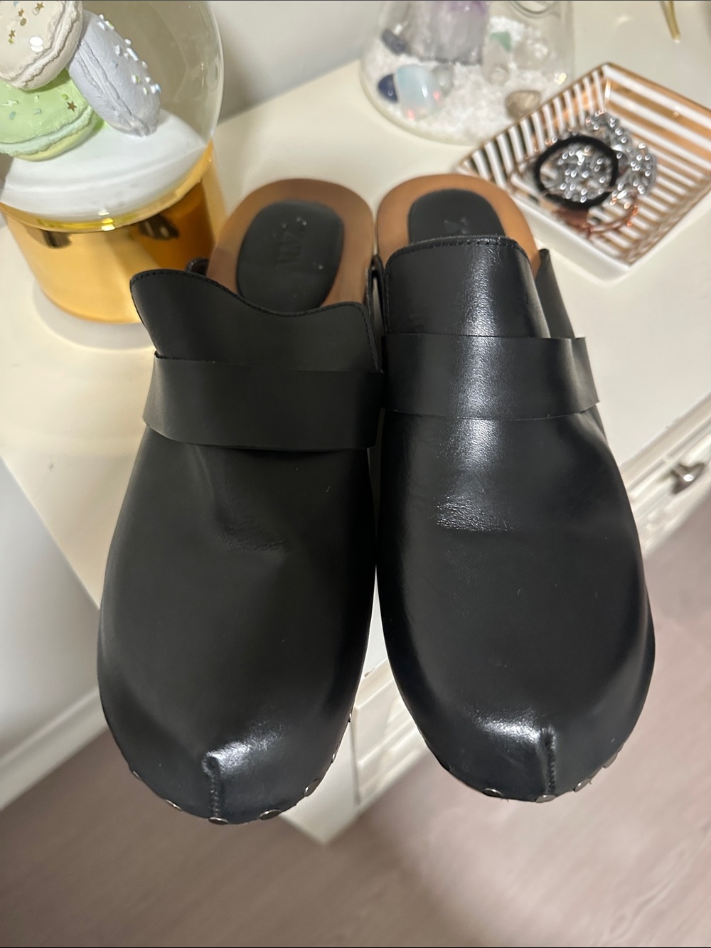 Zara Black Leather Slip-On Mules